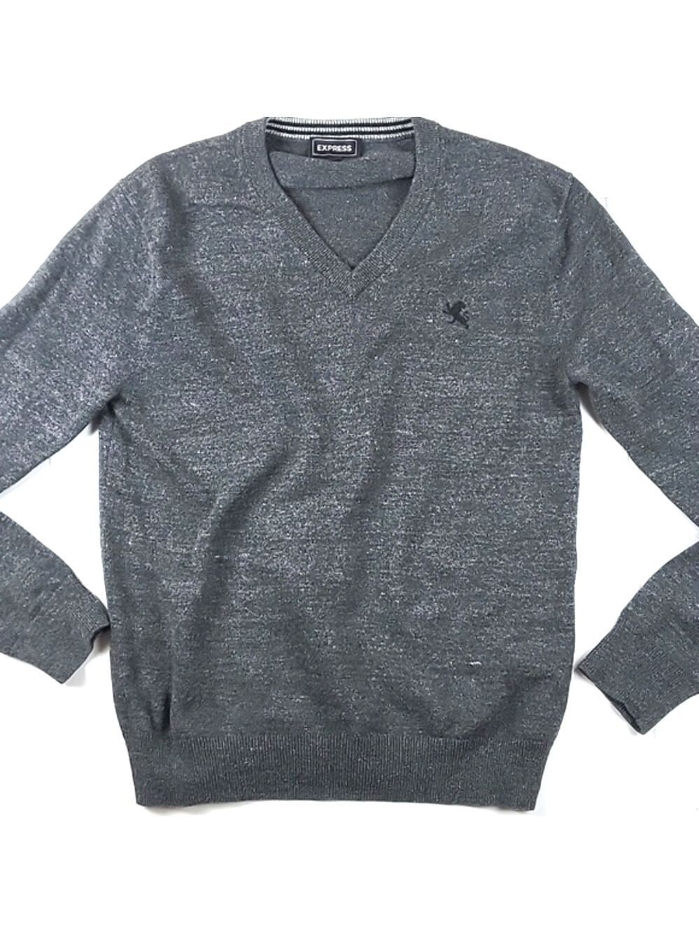 Express 100% Cotton Knit Heather Grey V-Neck Pullover Sweater Men's Size…